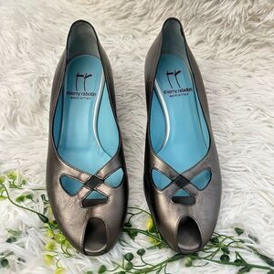 Thierry Rabotin Women's Pewter Metallic Peep Toe Low Wedge Made in Italy 37/ 6.5